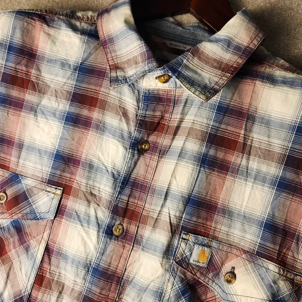 Carhartt Shirt Mens XL Blue Red Plaid Short Sleeve Relaxed Fit Button Up
